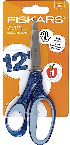 Fiskars SoftGrip - Tijeras de purpurina para zurdos para niños mayores de 12 años, tijeras para zurdos para la escuela o manualidades, suministros de regreso a clases, color azul