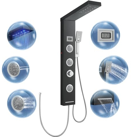 ROVOGO Schwarze Duschpaneel ohne Armatur mit 2 Strahlarten Massagedusche, Temperaturanzeige, LED Regendusche, Handbrause, Wanneneinlauf, 304 Edelstahl Duschpaneele für Wandmontage