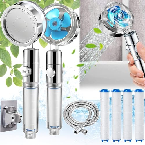 Mikqky Wassersparender Duschkopf, 360° Rotierende Handbrause, Stoppfunktion Duschkopf, Handbrausekopf Mit Filter, Druckduschkopf, 4 x Filter-Pp-Baumwolle, Schlauch(1,5m), Stanzfreier Basis (Blau)