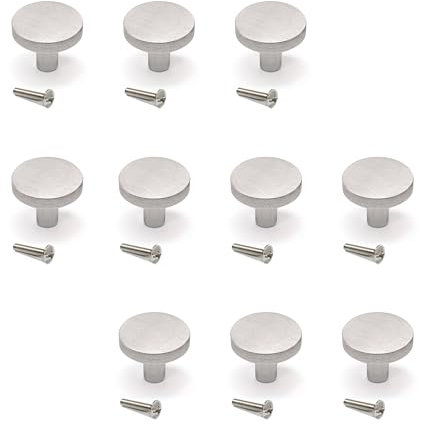 Emuca - Lot de 10 boutons pour meubles, diamètre 30mm, Aluminium, Inox brossé