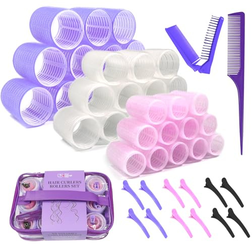 my novel things Hair Curlers Rollers 50Pcs Set With 36PCS Hair Rollers 3 Sizes(12 Large, 12 Medium, 12 Small) for Volume Curlers with 12PC Clips and Combs for Short Medium Blowout Look Long Hair