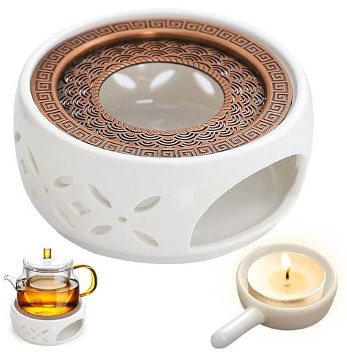 Calientaplatos para tetera, calentador de cerámica con portavelas, calentador de café, tetera, calentador de té blanco, diseño tallado hueco, tetera para preservar el calor, té y café