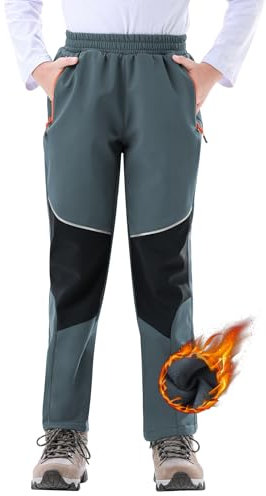 Zoofly Kinder Softshellhose Schneehose Kinder Outdoorhose Skihose Wanderhose Jungen Mädchen Winterhose Winter Hosen Thermohose, Grau/Schwarz 164-170