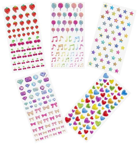 Lot de 5 strass autocollants 3D pour enfants, cœurs d'amour, étoiles, nœuds, ballons, notes de musique, cerises, fraises, autocollants à paillettes, autocollants pour enfants, artisanat