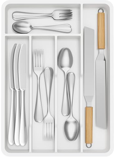 Lifewit Pequeño Bandeja para Cubiertos, Porta Cubiertos con 5 Compartimentos, Cajon Organizador Cubiertos de 24 x 34 cm, Separador Cubiertos Cocina Plástico con Cuchara/Tenedor/Cuchillo, Blanco