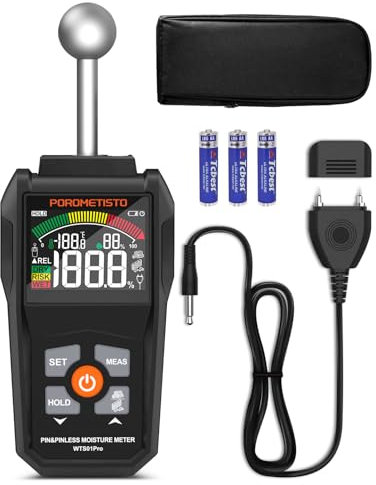 POROMETISTO Testeur Humidité Professionnel, 2 en 1 Pin & Sans Pin Testeur Humidité Mur,Testeur Humidité Bois,Haute Précision Détecte 20-40 mm Pour Bois,Mur,Plâtre,Parquet