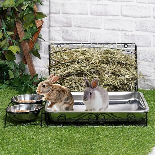 MOGOULUA Mangeoire 3-en-1 pour lapin, foin avec bac à litière en acier inoxydable, 2 gamelles, râtelier à foin