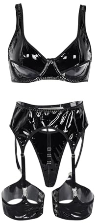 Genérico Sexy Disfraz Mujer Cuero lacado Cuero de PU negro Conjunto de cuatro piezas sexy, artesanía ahuecada y diversión Disfraz De Sexy (Black, M)