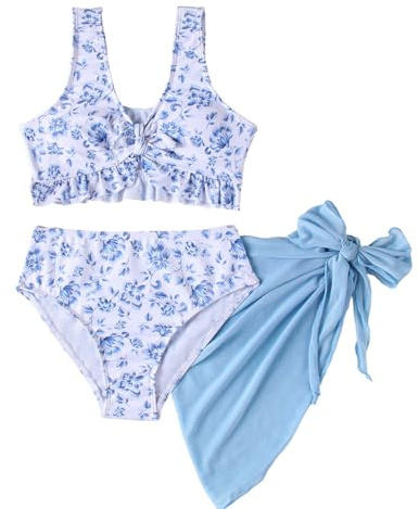 LYZOURBB Girls 3PCs Bikini Set Floral Ruffle Swimming Tops Bottoms with Bowknot Cover Up Swimwear Bathing Suit for 7-13Years Blue