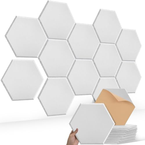 Mgood Hexagon Acoustic Wall panels for Soundproofing 12 Pack Self Adhesive Sound Absorbing Panels for Bedroom, Living Room, Studio and Wall Decoration, White (12x 10x 0.4)