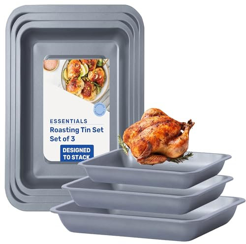 3 Piece Stackable Roasting Tin Tray Set - 35cm / 31cm / 28cm Space Saving Non-Stick Roaster Baking Trays (Set of 3 (1 x 35, 1 x 31 & 1 x 28cm))