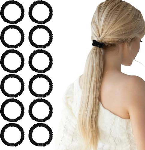 12 gomas de pelo de satén, coleteros elásticos suaves para mujeres y niñas, sujetadores de cola de caballo de satén que no dañan el cabello (Negro)