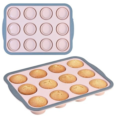 Astralong 2 Pezzi Teglia per Muffin da 12, Antiaderente 31x22,2x3,6 cm Stampo per Muffin da Forno Silicone con Struttura in Metallo, Pieghevole Stampi per muffin Cupcake Budini (Rosa)