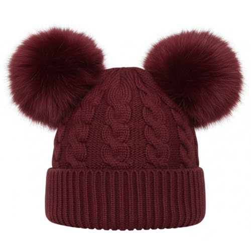 GREY LOOK Double Pom Pom Bobble Hat for Women -Cable Knit Fleece Lined, Warm Winter Hat for Daily Use OneSize Fits All (Maroon)