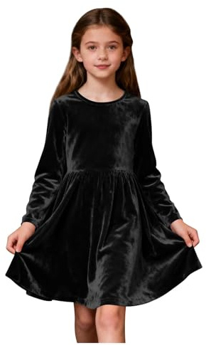 Vestidos de Fiesta para Niña,Cuello Redondo Vestido Elegante de Terciopelo con Mangas Larga Cintura Alta Línea A Vestido hasta La Rodilla Color Sólido Ropa Fiesta Festivo Navidad 5-15 Años
