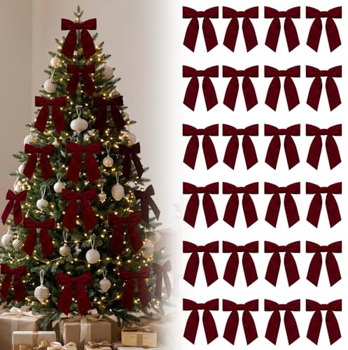 HIVTE 24 Lazos de Terciopelo Burdeos de 12 cm con Lazos de Torsión para Coronas de Navidad, Envoltura de Regalos y Decoración de Árboles