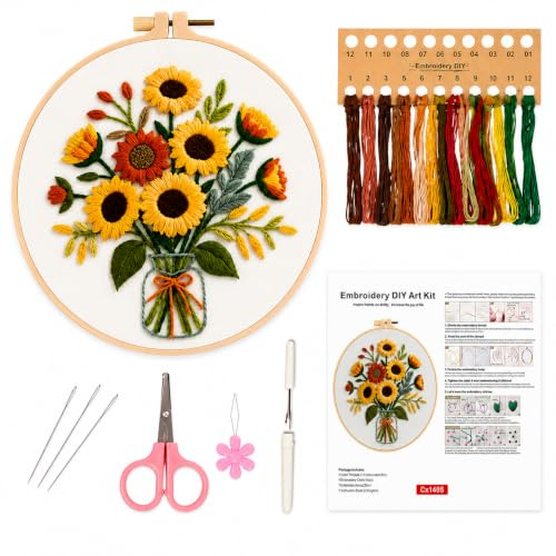 Sunflower Beginner Embroidery Kit Adults 20cm Bamboo Hoop Stamped Pattern