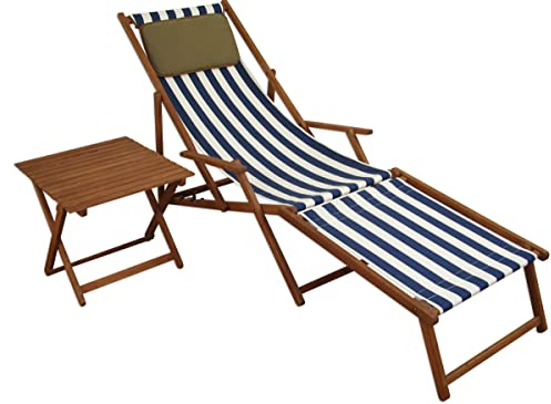 Erst-Holz Liegestuhl blau-weiß Fußteil Tisch Kissen Gartenliege Deckchair Buche Sonnenliege 10-317FTKD