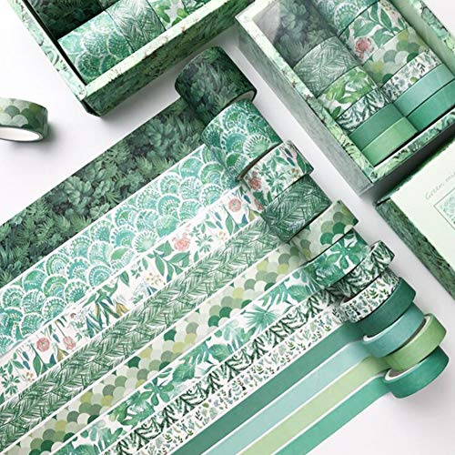 Sofecto 12 Rolls With 4 Sizes Washi Tape Set, Washi Masking Tape Colorful Decorative Writable Tape for Craft, Scrapbook, Bullet Journal, DIY, Gift Wrapping(10/15/20/30mm) (Green)