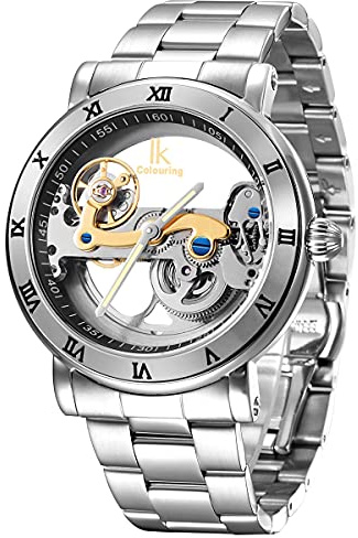 Alienwork IK Montre Automatique Homme Femme Argent Bracelet en Métal Acier Squelette Fond de Verre