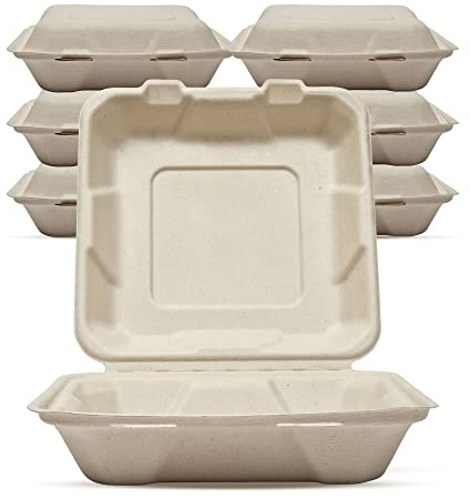 DISPOSABLE GREEN - Bagasse Clamshell Food Containers, Disposable Food Containers, Takeaway Boxes for Hot, Cold, Wet, & Oily Food, Unbleached Meal Prep Container, 20.5 x 20.5 x 4/6.5 cm, 100-Pcs