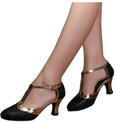 HGYJ Zapatos de Baile Latino para Mujer salón de Baile estándar tacón Medio Suela Suave Punta Cerrada Zapatos de Baile Superiores de Cuero sintético Antideslizante,Color2,39