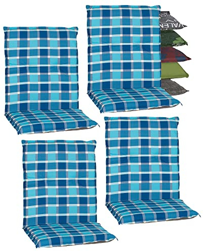 Beo Niedriglehner Auflagen 4er Set Barcelona | Made in EU nach Öko-Tex Standard | Waschbare Stuhlauflage Niedriglehner mit Halteband | Atmungsaktive Auflagen Niedriglehner in Blau Kariert