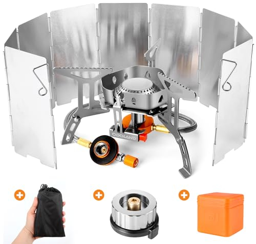 Odoland Campingkocher 3500W Gaskocher mit Piezozündung Adapter und Faltbar Aluminium Windschutz Gas Campingkocher für Gasbrenner Faltbar Outdoor Camping Kocher für Wandern Picknick