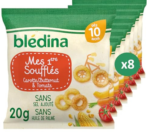 BLÉDINA - Mes 1ers Soufflés - Carotte Butternut et Tomate - Sans Gluten et sans Sel Ajouté - dès 10 Mois - 8 x 20 g