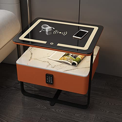 LED Nachttisch mit kabelloser Ladestation, Nachttische mit Schublade und Passwortschloss 3 Farben Beleuchtung Endlagerschrank für Schlafzimmer/Orange Warm as ever