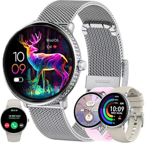 ZPIMY AMOLED Damklocka diamant 1,19 tum klocka med telefonfunktion, 5 ATM, stegräknare, SpO2 pulsmätare, sömnövervakare, sportklocka för Android iOS, silver