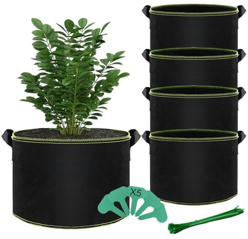 BLIENKREBY 5X Sac de Plantation 40L, Sacs à Plantes Non Tissé avec Poignées, Sac Pomme de Terre Plantation, avec 5 Étiquettes pour Pommes de Carotte, Oignons, Legumes et Tomates