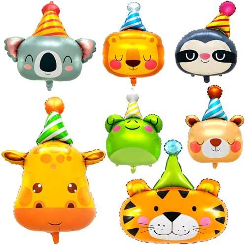 Folienballon Geburtstag Tierkopf, Kaluofan 7 Stk Folienballon Tiere,Tiger Giraffe Luftballon,Tierkopf Riesenballon Waldtiere Geburtstag Deko,Helium Ballons Party Animals für Kinder Geburtstage Deko
