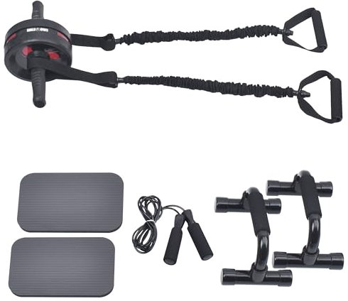 GORILLA SPORTS® Bauchroller - Set, 2 Kniematten, Liegestützgriffe, Widerstandsbänder, Springseil - Ab Roller, Bauchmuskeltrainer, Ab Wheel, Bauchtrainer für Zuhause, Bauch Training
