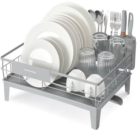 SONGMICS Égouttoir à vaisselle, écoulement rotatif et extensible à 360°, bac d'égouttement, porte-couverts, cuisine, 31 x 42 x 18,5 cm, gris tourterelle
