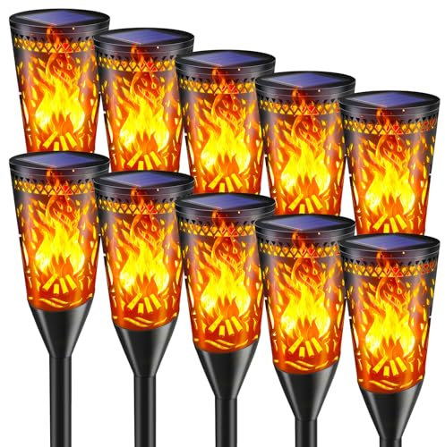 FIFlying Antorchas Solares Exterior Jardin, 10 Piezas, Luz Solar Exterior Jardin con Efecto de Llama Realista, Resistente al Agua IP65, para JardíN, Terraza, CéSped, BalcóN, Camino, Parterre