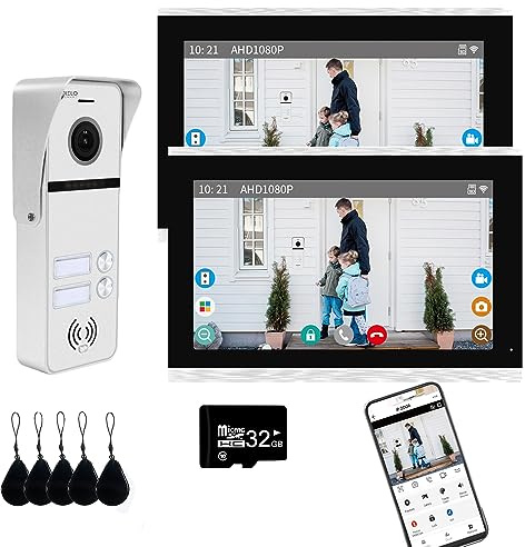 4-Wire Link 1080P - Citofono visivo, 2 campanelli per porta di casa, display touchscreen da 10 pollici, citofono a due vie, supporto di sblocco, rilevamento del movimento