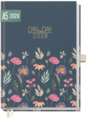 Häfft® Organizer Day by Day Buchkalender 2026 A5 1 Tag 1 Seite Flying Flowers- Tagesplaner Kalender, Tageskalender, Terminkalender, Terminplaner 2026 - nachhaltig & klimafreundlich