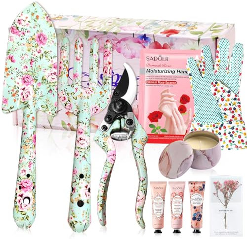 YORFULL Juego de Herramientas Jardineria, 10 Piezas Kit Jardineria con Guantes, Pala, Tijeras, Garra, Velas, Crema de Manos, Juego de Herramientas Jardinería con Bonita Caja de Regalo
