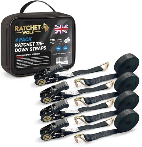 RatchetWolf Ratchet Straps with Hooks – Pack of 4-6M x 25MM Heavy Duty Tie Down Straps & Lashing Straps for Car, Trailer, Motorcycle, Roof Rack, Cargo, Home & Outdoors