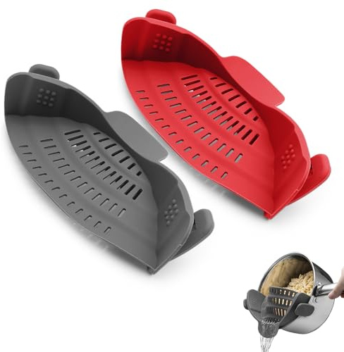 KATLKIU Escurridor de Pasta Plegable con Clip (2 Piezas) – Colador de Silicona Flexible para Ollas y Sartenes, Escurre Pasta, Arroz y Verduras, Sin BPA, Apto para Lavavajillas – Gris y Ro