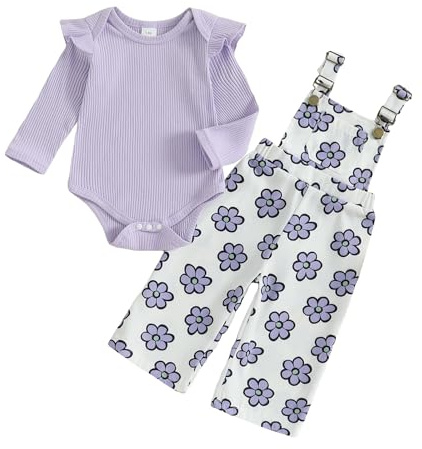 XIXIMAON Baby Girl Outfit Ribbed Knitted Bodysuit Floral Dungarees Set 2Pcs | Solid Color Long Sleeve Romper Flower Camouflage Print Suspender Trousers Infant Overall Outfit Newborn Spring Autumn Clothes