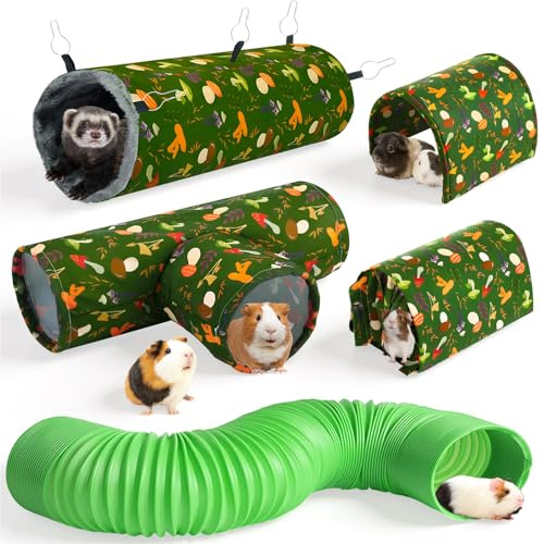 Geelin 5 Pcs Guinea Pig Tunnel Rat Hideout Guinea Pig Hideout 3 Way Ferret Tunnel Rabbit Bed with Curtains Plush Mat Hangable Washable Cage Accessories Bunny House Toys for Small Animal