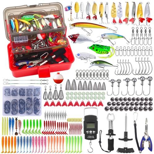 Delousiber Fishing Lures Kit with Tackle Box, 314Pcs Fishing Tackle Box Fully Loaded with Baits, Pliers, Weights Scale, Lip Clip, Hooks, Hook Remover, Accessories, Gifts for Men Trout Bass Freshwater