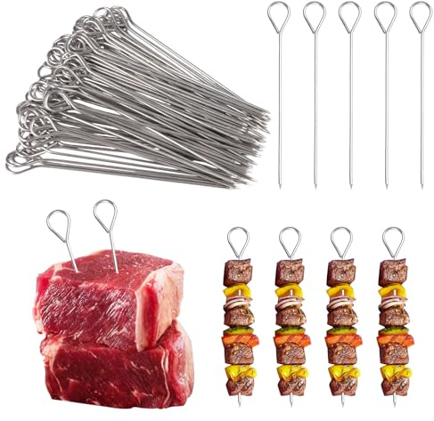 80 agujas de acero inoxidable, 10,6 cm, juego de brochetas, con mango redondo y punta afilada, pinchos estables reutilizables de acero inoxidable para brochetas, mariscos y verduras, color plateado