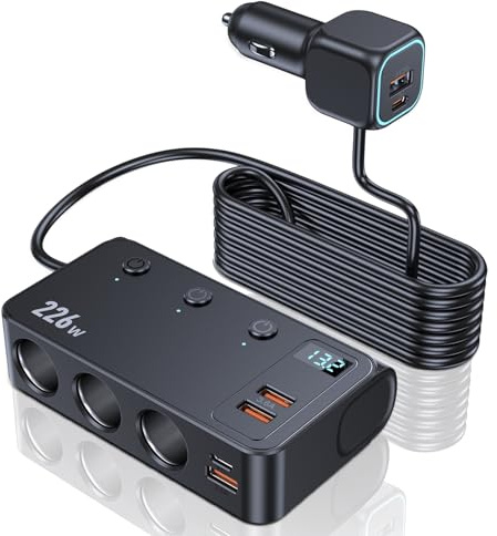 226W Cigarette Lighter Splitter 9-in-1 Car Charger with 3 Sockets, Dual PD USB-C, 4 USB Ports, LED Voltage Display for iPhone Dash Cam iPad GPS