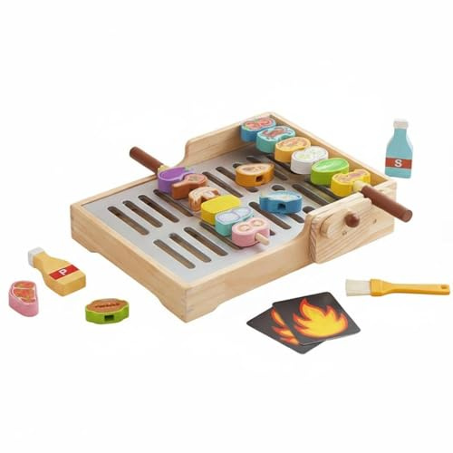 MagiDeal Barbecue Enfant Bois Jouet Grill Simulé Cuisine Accessoires Brochettes Fonction Manivelle Apprentissage Motricité Imagination Adapté aux Jeux d'Imitation Salle de Jeux Cadeaux Maison