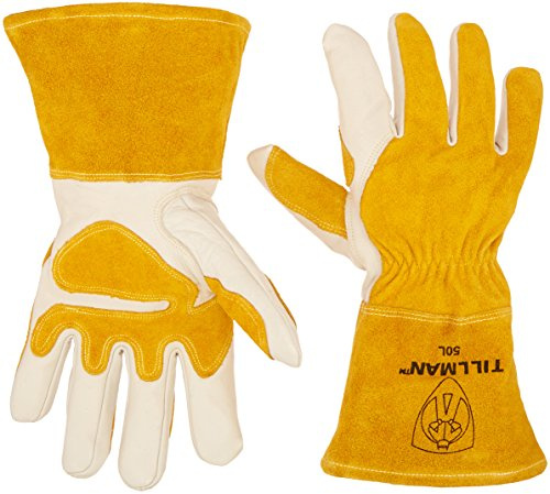 John Tillman and Co Tillman Large 14 Gold and Pearl Top Grain Split Back Cowhide Fleece Lined MIG Welders Gloves with 4 Cuff and Kevlar Thread Locking Stitch (Carded), White / Tan (TIL50L)
