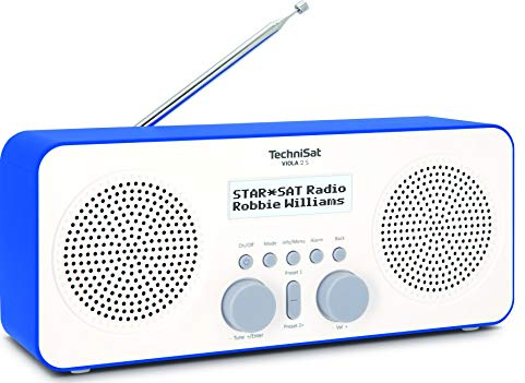 TechniSat VIOLA 2 S – bärbar DAB-radio (DAB+, FM, väckarklocka, stereohögtalare, hörlursuttag, Aux-In, tvåradig skärm, knappkontroll, 4 watt RMS) vit/blå