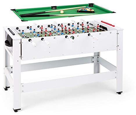 Klarfit Spin 2-in-1 Multifunktionstisch, Billardtisch 105 x 58 cm/grüne Bespannung, Tischkicker inklusive Spielzubehör, Spin-Funktion: drehbarer Tischl, weiß